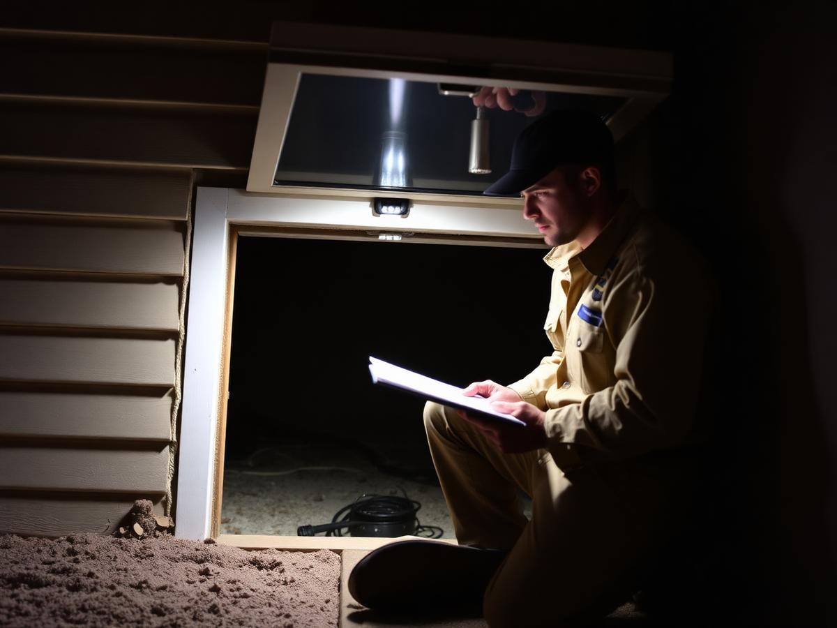 Technician with a headlamp checking under a house